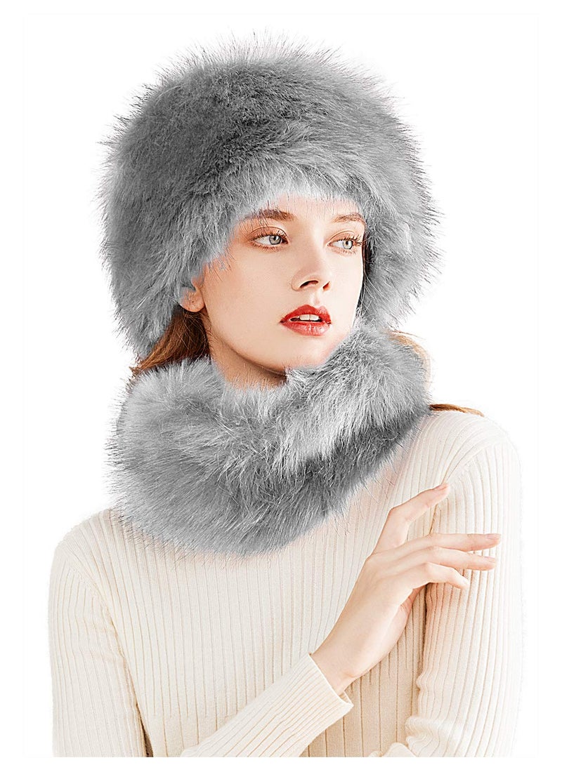 Lovful Winter Faux Fur Women Russian Cossak Hat Scarf Set,Grey - Image 1